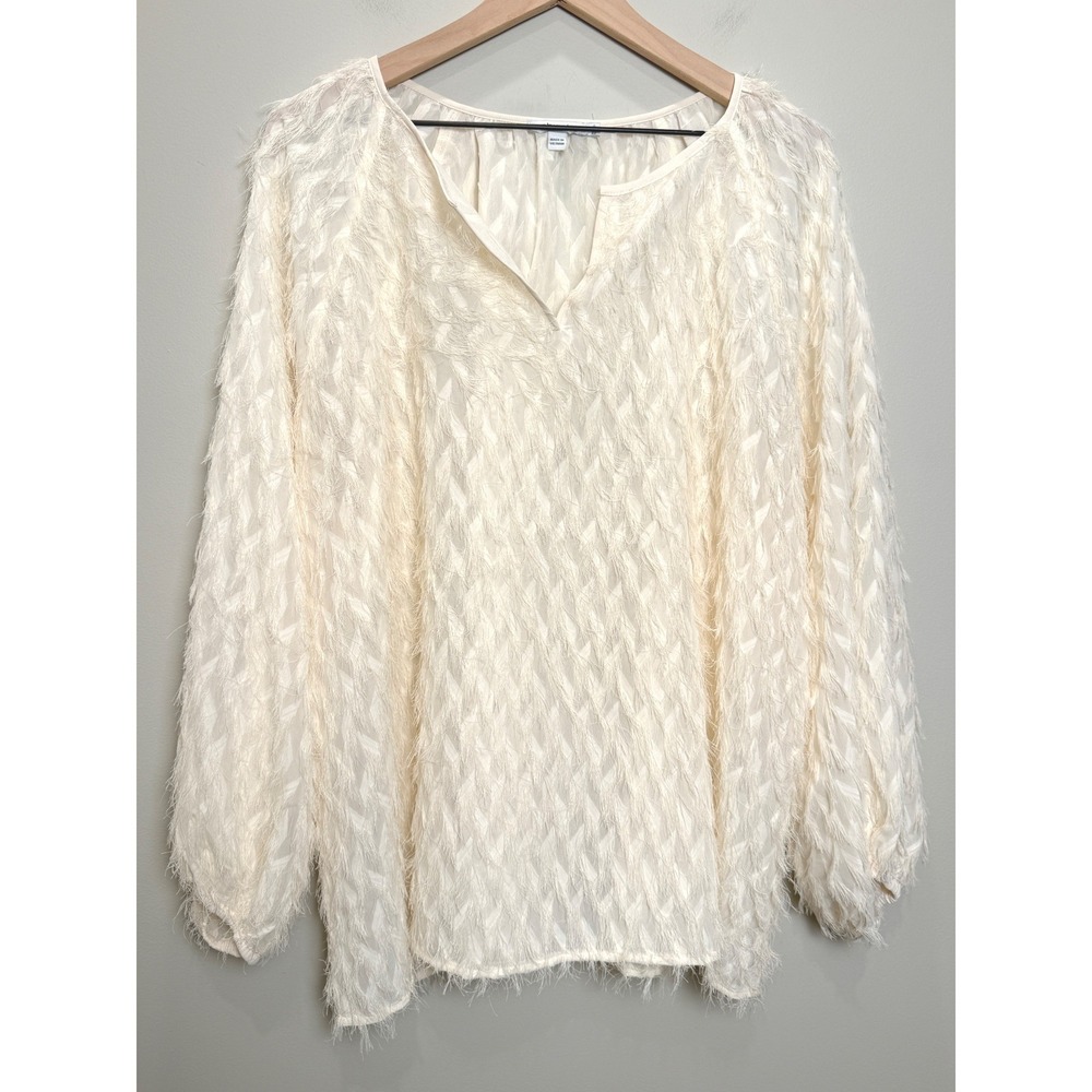 Chicos 4 / 20 Eyelash Fringe Feathered Long Sleeve Peasant Blouse Cream Boho - Picture 4 of 11
